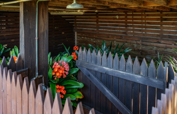Outdoor shower with a decorative fence